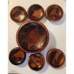 Handcrafted Teak Salad Bowl Set, Inlaid Wood Design